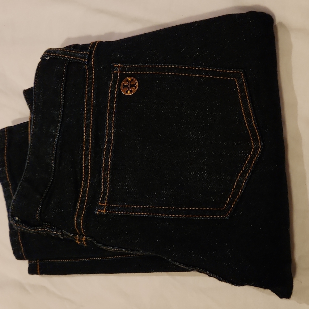 Tory Burch Dark Indigo Denim Jeans with Copper Stitching